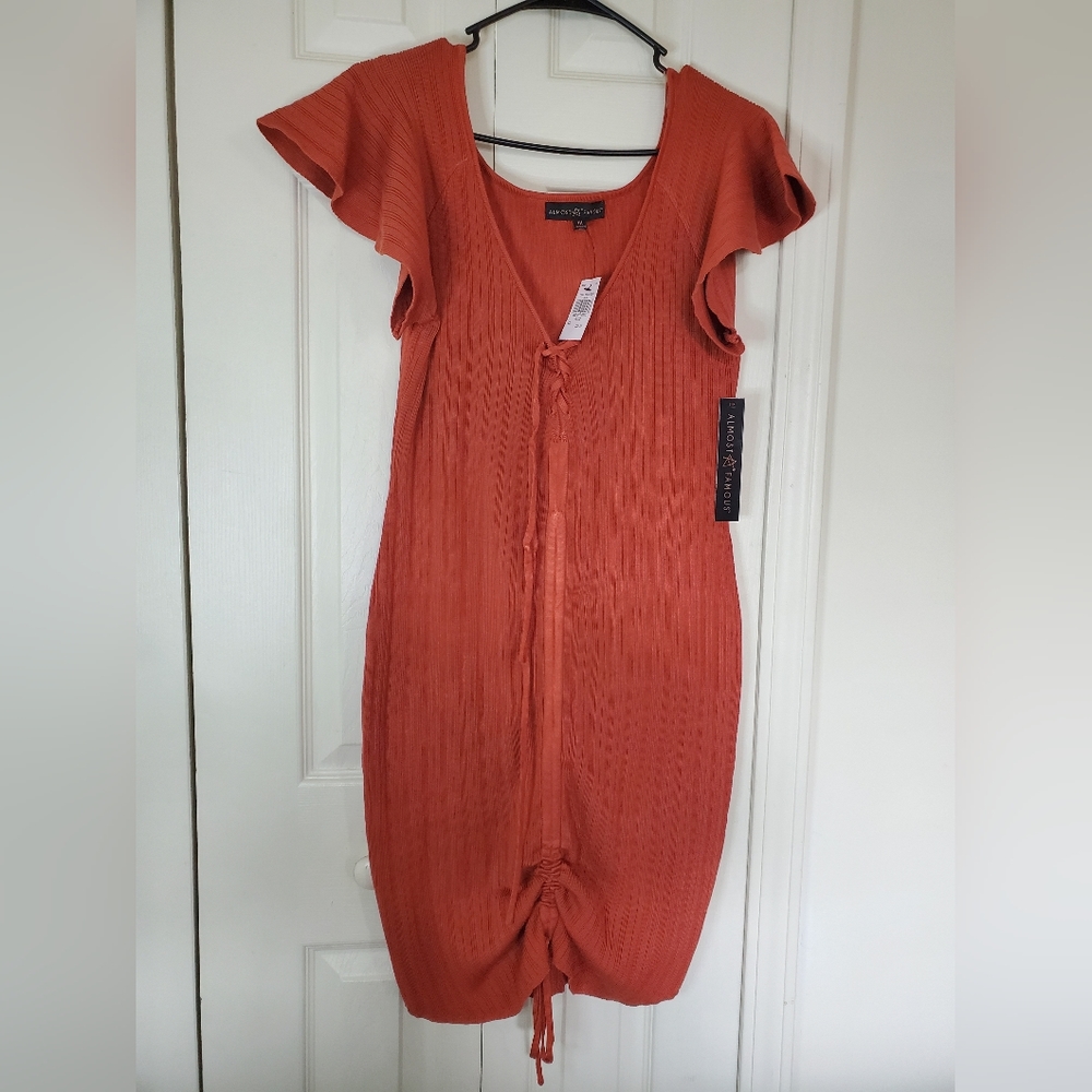NWT Rainbow Plus Size Women Orange-Brown Ribbed Drawstring Dress-1X